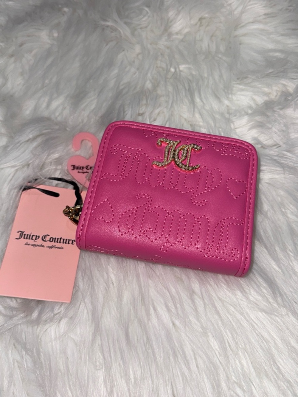 Juicy Couture Hot Pink Quilted Mini Zip Wallet with Gold JC Emblem